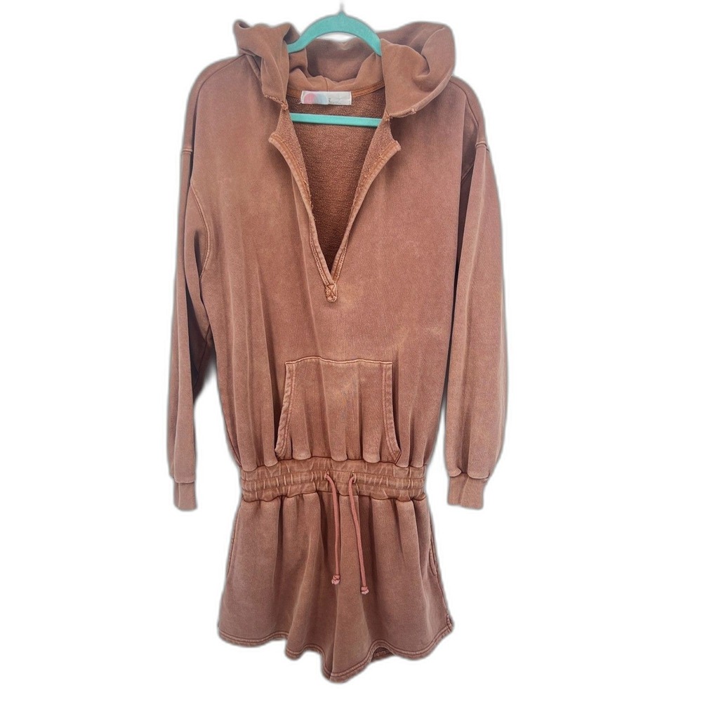 Free People Beach Kickin It Romper 100% Romper Cozy Hooded Boho Lounge Size MD
